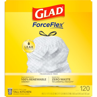 Glad ForceFlex Tall 13 Gallon Kitchen Drawstring Trash Bags, White, 120/Box (78939)