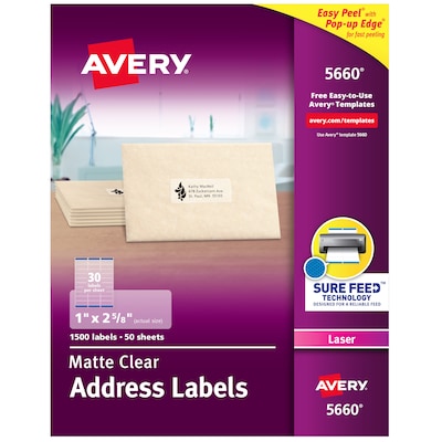 Avery Easy Peel Laser Address Labels, 1 x 2-5/8, Clear, 30 Labels/Sheet, 50 Sheets/Box   (5660)