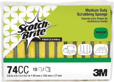 Scotch-Brite Medium Duty Scrub Sponge, Green/Yellow, 10/Pack (74CC)
