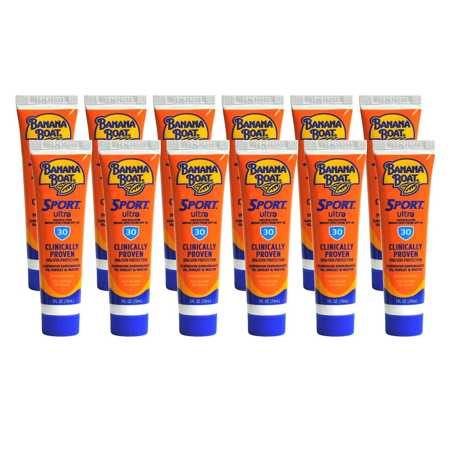 Banana Boat Sport SPF 30 Sunscreen, 1 oz Trial Size Bottle, 12 Bottles/Bag, 24 Bags/Carton