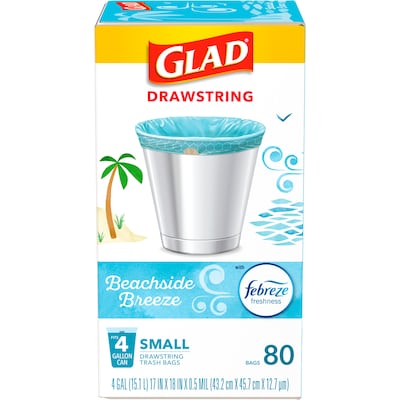 Glad Small Kitchen Drawstring Trash Bags, 4 Gallon, Blue, Febreze Beachside Breeze, 80/Box (79155)