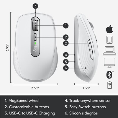 Logitech MX Anywhere 3 for Mac Ergonomic Wireless Laser Mouse, Pale Gray (910-005899)
