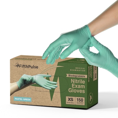 FifthPulse Biodegradable Powder Free Nitrile Exam Gloves, Latex Free, XS, Green, 150 Gloves/Box (FMN100548)