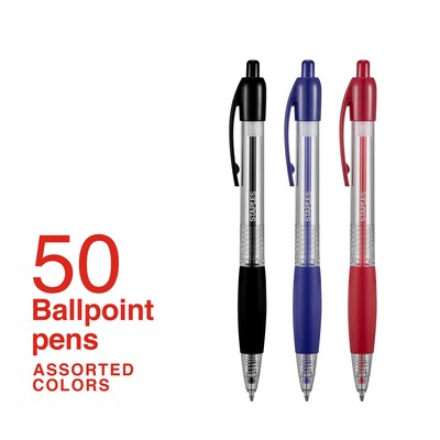 Staples® Retractable Ballpoint Pens, Medium Point, 1.0mm, Assorted, 50/Pack (50371-CC)