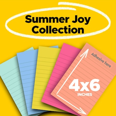 Post-it Super Sticky Notes, 4 x 6, Summer Joy Collection, Lined, 90 Sheet/Pad, 5 Pads/Pack (660-5S