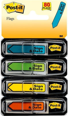 Post-it® Sign and Date Message Flags, 0.47 Wide, Assorted Colors, 80 Flags/Pack (684-SD)
