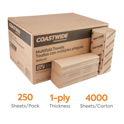 Coastwide Professional™ Recycled Multifold Paper Towels, 1-ply, 250 Sheets/Pack, 16 Packs/Carton (CW