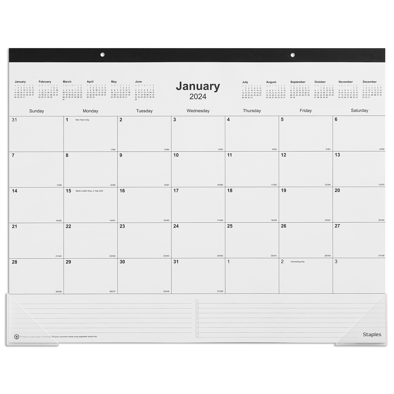 2024 Staples 22" x 17" Desk Pad Calendar, Unlined, Black/White (ST58448