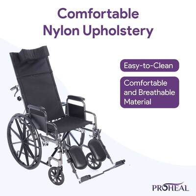 ProHeal Chariot Reclining 20" Wheelchair, Headrest Support w/ Removable Full Arms, 350 lb. Capacity, Black (PH-WCRC20FAELR)