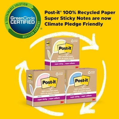 Post-it Recycled Super Sticky Notes, 3" x 3", Canary Collection, 70 Sheet/Pad, 12 Pads/Pack (654R-12SSCY)