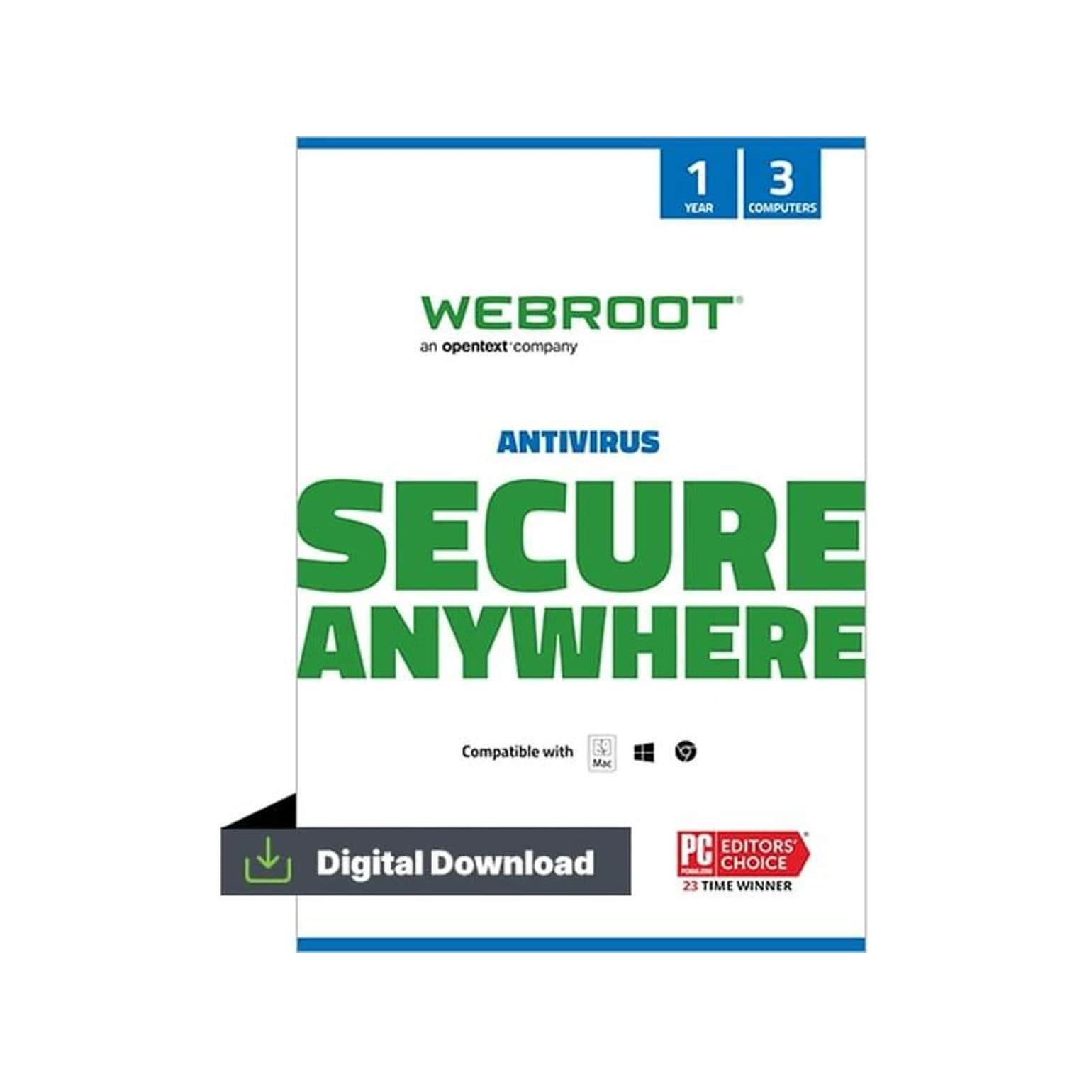 Webroot AntiVirus for 3 Users, Windows/Mac, Download (1000063020)