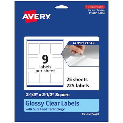 Avery Laser/Inkjet Square Glossy Labels, 2.5 x 2.5, Clear, 225 Labels/Pack (94104)