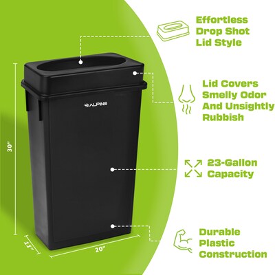 Alpine Industries Plastic Indoor Slim Commercial Trash Can with Lid, 23 Gallon, Black (477-BLK-PKG1)