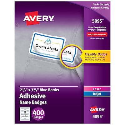 Avery Flexible Laser/Inkjet Name Badge Labels, 2 1/3" x 3 3/8", White with Blue Border, 400 Labels Per Pack (5895)
