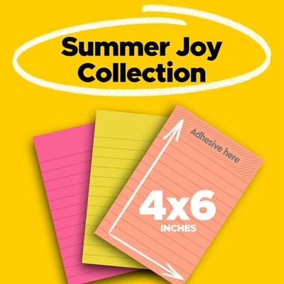 Post-it Super Sticky Notes, 4 x 6, Summer Joy Collection, Lined, 90 Sheet/Pad, 3 Pads/Pack (660-3S