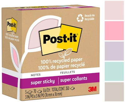 Post-it Recycled Super Sticky Notes, 3 x 3, Wanderlust Pastels Collection, 70 Sheet/Pad, 5 Pads/Pa