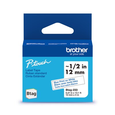 Brother P-touch Btag BTAG233 Label Tape, 1/2 x 13.1 (12mm x 4m), Blue on White (BTAG233)