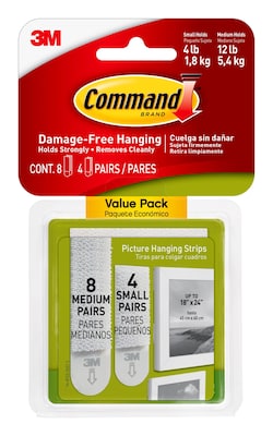 Command Assorted Hanging Strips, 12 lb., White, 8 Medium and 4 Small Sets/Pack (17203-ES)