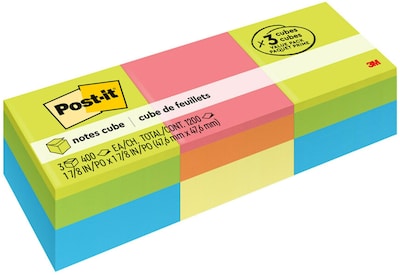 Post-it Sticky Notes Cube, 2 x 2 in., 3 Pads, 400 Sheets/Pad, The Original Post-it Note, Green Wave