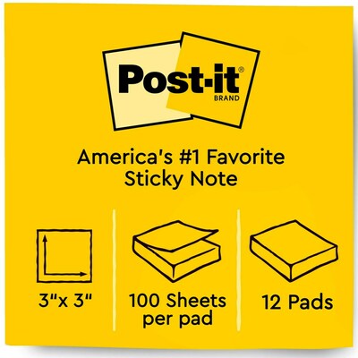 Post-it Super Sticky Notes, 4 in x 4 in, Canary Yellow, Lined, 3 Pads/Pack