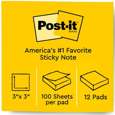 Post-it Notes, 3 x 3, Canary Collection, 100 Sheet/Pad, 12 Pads/Pack  (654-12YW)