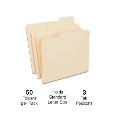 Quill Brand® Heavy-Duty Reinforced File Folders, 1/3-Cut, Letter Size, Assorted Tabs, Manila, 50/Box