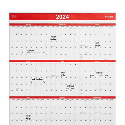 2025 Staples 24" x 36" Wall Calendar, Red/Black/White (ST53999-25)