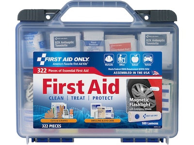 First Aid Only Plastic First Aid Kit with Magnetic Flashlight, 50 People, 322 Pieces, Clear/Blue (91