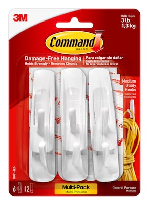 Command Medium Utility Hooks, 3 lb., White, 6/Pack (17001-6ES)