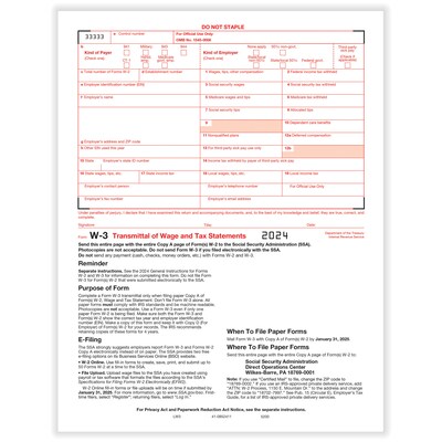 ComplyRight 2024 W-3 Tax Form, 1-Part, Transmittal, 25/Pack (520025)