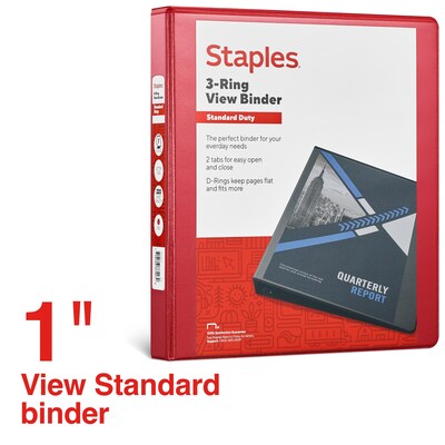 Staples® Standard 1" 3 Ring View Binder with D-Rings, Red (58652)