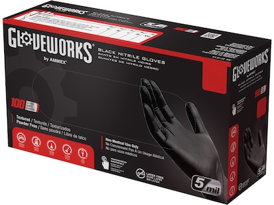 GloveWorks GPNB Nitrile Industrial Grade Gloves, XL, Powder/Latex Free, Black, 100/Box (GPNB48100)