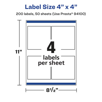 Avery Laser/Inkjet Square Glossy Labels, 4" x 4", Clear, 200 Labels/Box (94100)