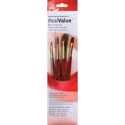 Princeton RealValue Mixed Media Natural Camel Variety Brush Set, Red, 4/Set, 3 Sets/Bundle (PBXPR912