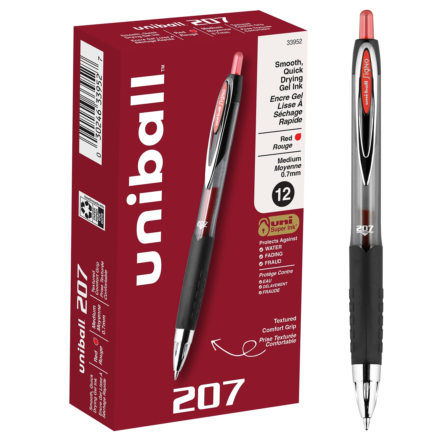 uni-ball 207 Retractable Gel Pens, Medium Point, 0.7mm, Red Ink, Dozen (33952)