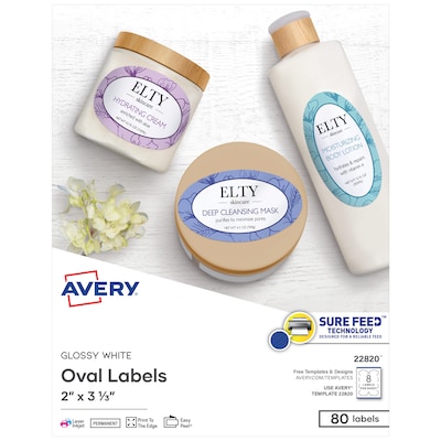 Avery Print-to-the-Edge Laser/Inkjet Oval Labels, 2 x 3 1/3, White, 8 Labels/Sheet, 10 Sheets/Pack