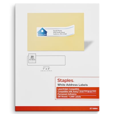 Staples® Laser/Inkjet Address Labels, 1" x 4", Bright White, 20 Labels/Sheet, 250 Sheets/Box, 5000 Labels/Box (ST18064-CC)