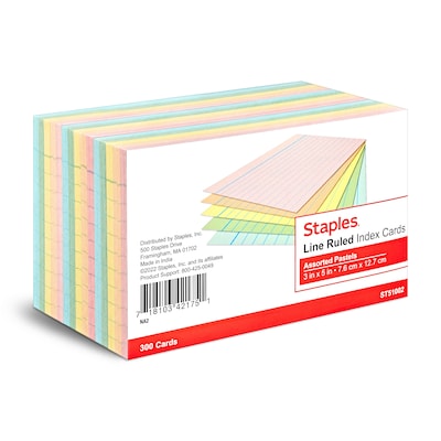 Staples 3 x 5 Index Cards, Lined, Assorted Colors, 300/Pack (TR51002)