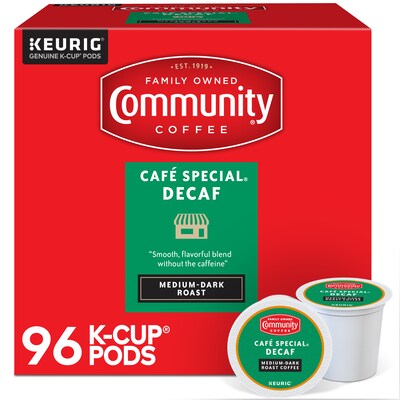 Community Coffee Cafe Special Decaf Coffee, Keurig K-Cup Pod, Medium-Dark Roast, 96/Carton (50003743