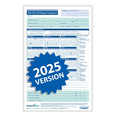 ComplyRight 2025 Time Off Request and Approval Form, 2-Part, 50 Forms/Pack (A0045)