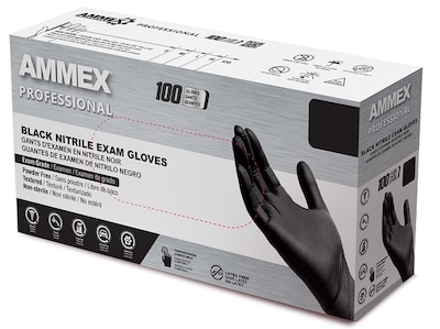 Ammex Professional Series Powder Free Nitrile Exam Gloves, Latex Free, Medium, Black, 100/Box, 10/Ca