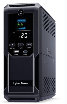 CyberPower Intelligent LCD UPS System, 1500VA/900W, 12 Outlets, 2 USB Ports, AVR, Mini Tower, Black