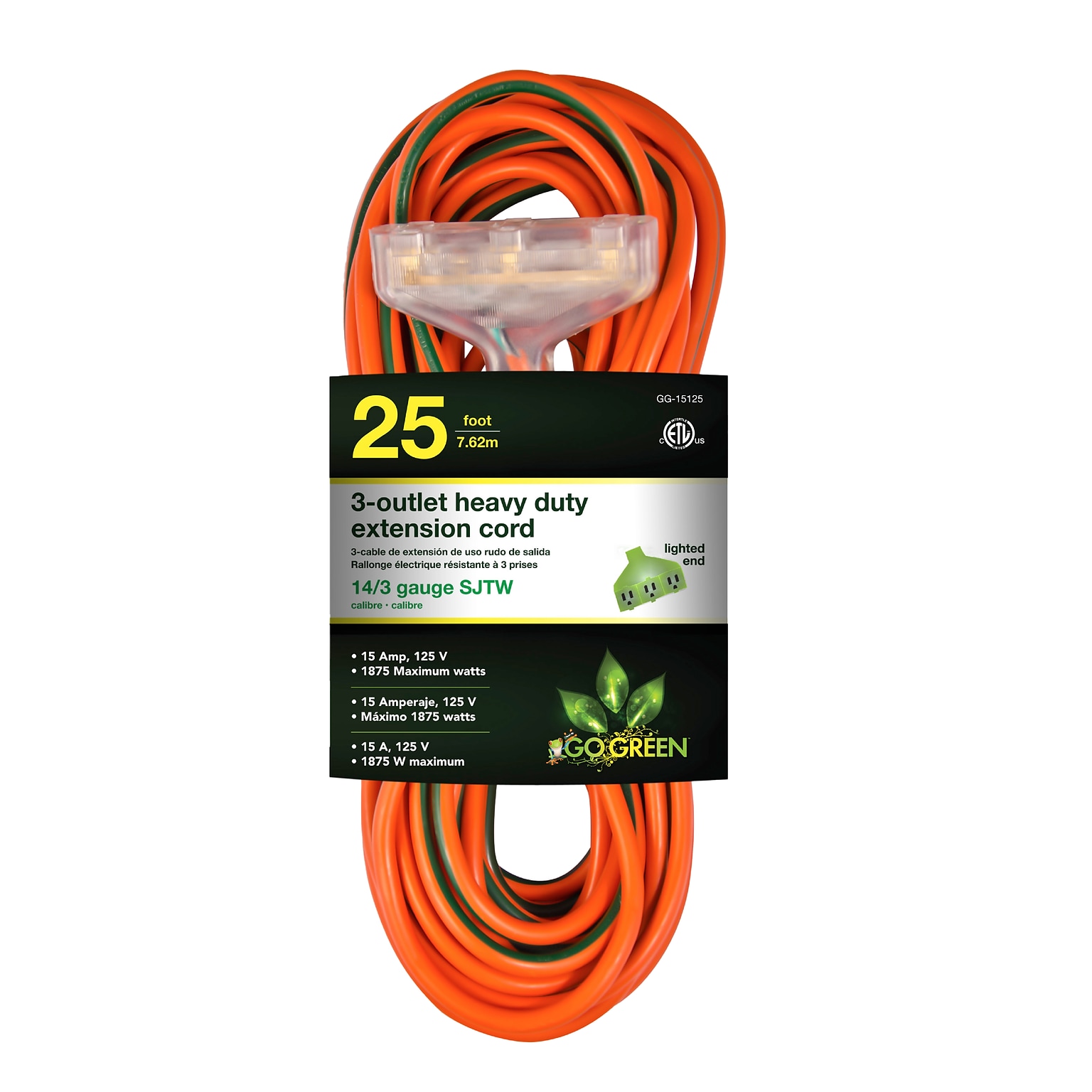 GoGreen Power 25 Indoor/Outdoor Extension Cord, 3-Outlet, 14 AWG, Orange (GG-15125)