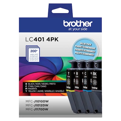 Brother LC401 Black/Cyan/Magenta/Yellow Standard Yield Ink Cartridges, 4/Pack (LC4014PKS)