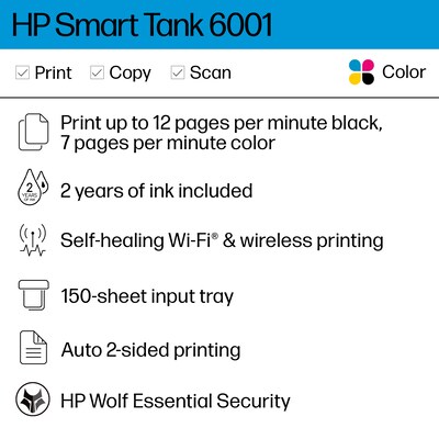 HP Smart Tank 6001 Wireless Color Inkjet Printer, All-In-One Supertank, Print, Scan, Copy (2H0B9A#B1H)