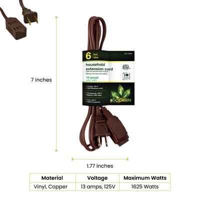 GoGreen Power 6 Extension Cord, 3-Outlet, 16 AWG, Brown (GG-24806-10)