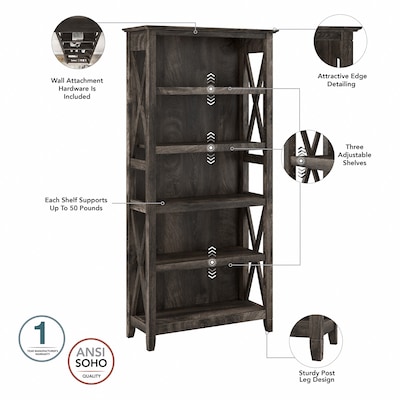 Bush Furniture Key West 66"H 5-Shelf Bookcase with Adjustable Shelves, Dark Gray Hickory Wood (KWB132GH-03)