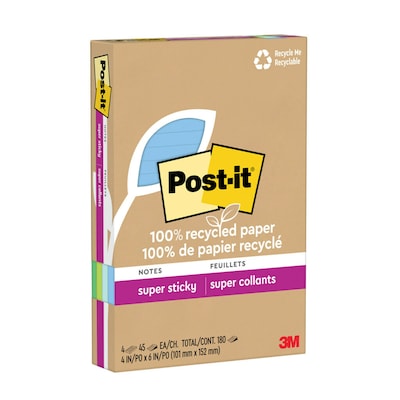 Post-it Recycled Super Sticky Notes, 4 x 6, Oasis Collection, 45 Sheet/Pad, 4 Pads/Pack (4621R-4SS