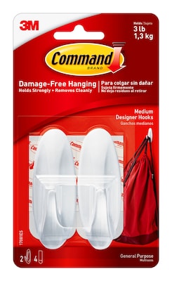 Command Medium Designer Hooks, 3 lb., White, 2/Pack (17081ES)