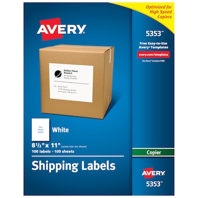 Avery Copier Shipping Labels, 8-1/2 x 11, White, 1 Label/Sheet, 100 Sheets/Box (5353)